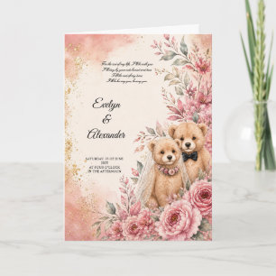 Süße Teddybär-Braut und Bräutigam mit rosa Blumen Karte
