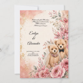 Süße Teddybär-Braut und Bräutigam Rosa Blumen  Einladung