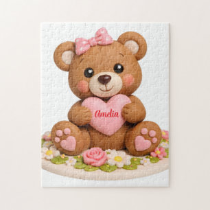 Süße Teddybär-Figur mit Namensherz Puzzle