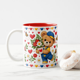 Süße Teddybär-Tasse mit Blumen und Herzen Zweifarbige Tasse