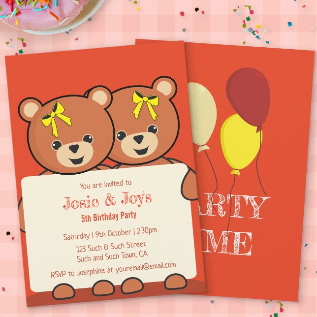 Süße Teddybär-Zwillinge oder -Geschwister Geburtst Einladung (Teddy Bear Twins Birthday Party Invitation)