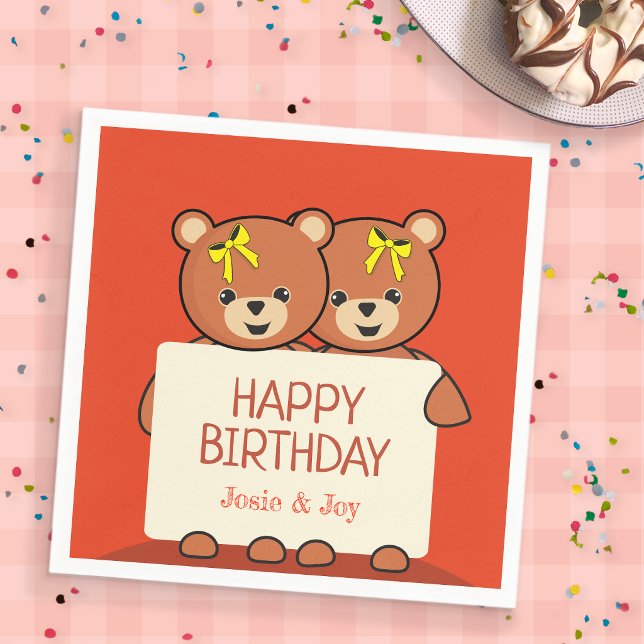 Süße Teddybär-Zwillinge oder -Geschwister Geburtst Serviette (Teddy Bear Twins Birthday Party Napkin)