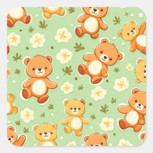 Süße Teddybären und Blätter Muster grün Quadratischer Aufkleber