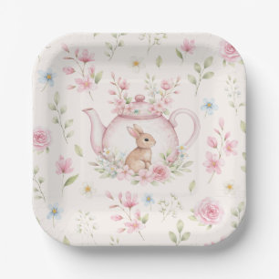 Süße Teekanne Hase Rosa Blumen Frühling Pappteller