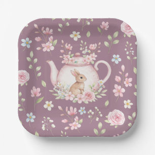Süße Teekanne mit Häschen Rosa Blumen Frühling Pappteller