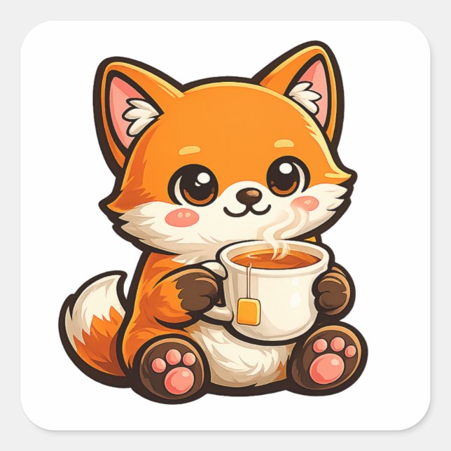 Süße Teeluchs-Illustration – Gemütlicher Fuchs bei Quadratischer Aufkleber (Vorderseite)