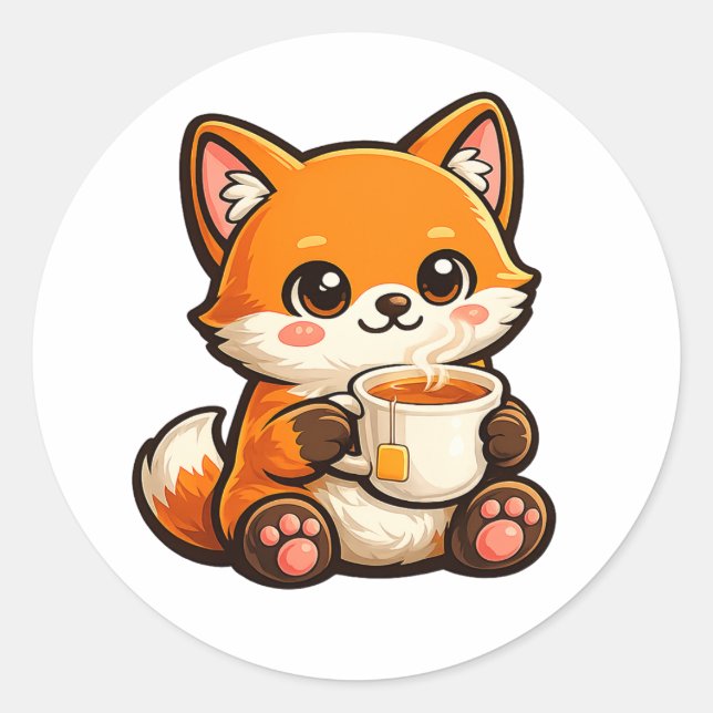 Süße Teeluchs-Illustration – Gemütlicher Fuchs bei Runder Aufkleber (Vorderseite)