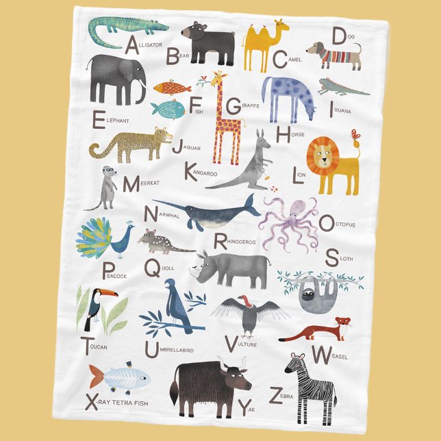 Süße Tier ABC Alphabet Kinder Fleecedecke (Cute animal ABC alphabet blanket for newborn, boy or girl gender neutral nursery or kids room decor)