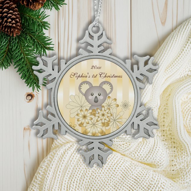Süße Tier Baby Koala Gold Effekt Stripe Kinder Schneeflocken Zinn-Ornament (Von Creator hochgeladen)