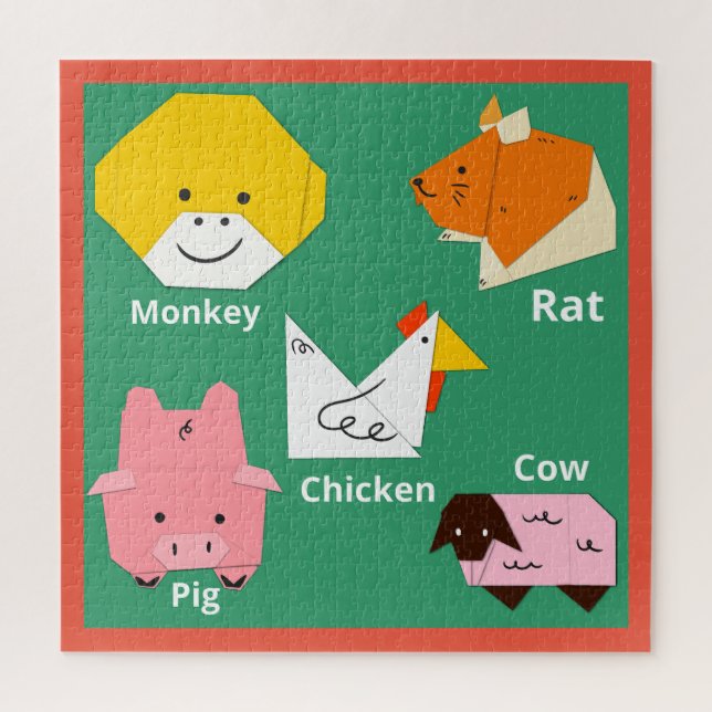 Süße Tier Cartoon Spaß Farben Sage grün Orange Puzzle (Vertikal)