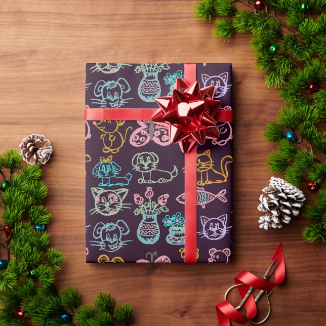 Süße Tier Chalk Zeichne Wrapping Paper Geschenkpapier (Feiertagsgeschenk)