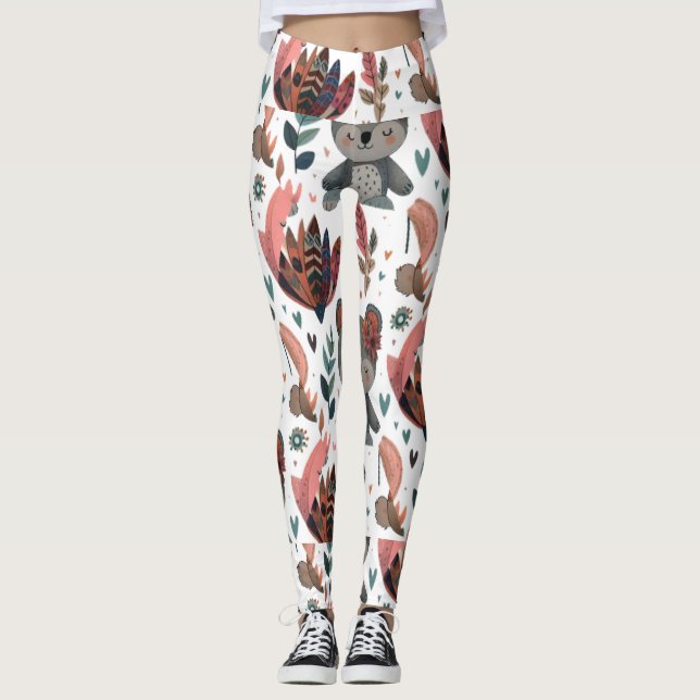 süße Tier-Florale und Blätter Muster doodle Kunst Leggings (Vorderseite)