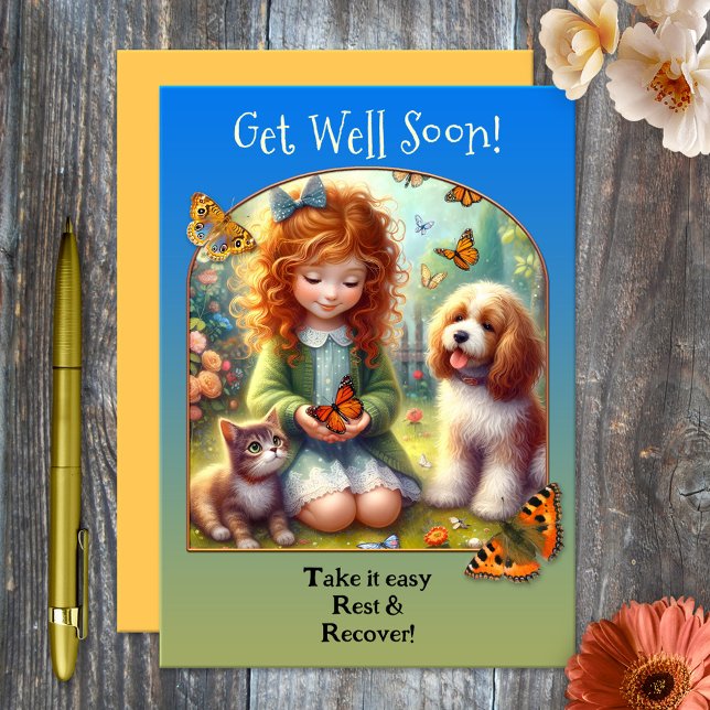 Süße Tier Friends Get Well Karte (Cute Get Well Soon card featuring a painting of a girl with butterflies, a cute kitty and dog)