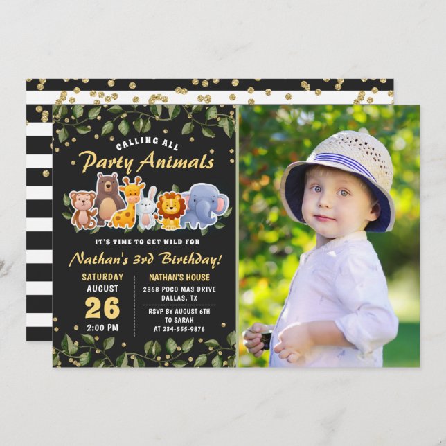 Süße Tier Friends Zoo Party Geburtstag Foto Einladung (Vorne/Hinten)
