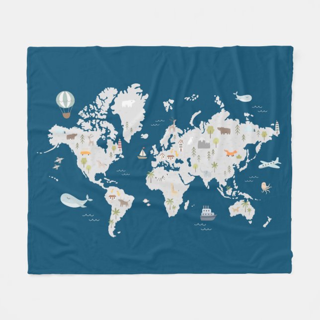 Süße Tier World Map Fleecedecke (Vorderseite (Horizontal))