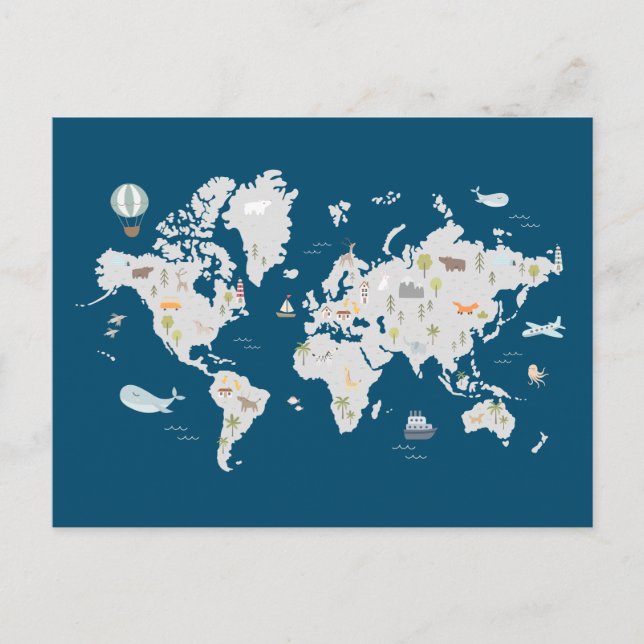 Süße Tier World Map Postkarte (Vorderseite)