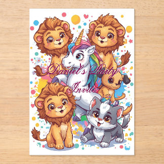 Süße Tierballon-Geburtstagsdesign | Kinder-Cartoon Acryleinladungen