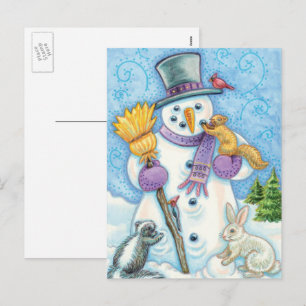 Süße Tiere bauen einen Schneemann für Weihnachten