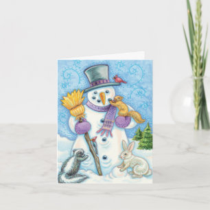 Süße Tiere bauen einen Schneemann für Weihnachten