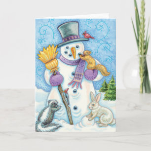 Süße Tiere bauen einen Schneemann für Weihnachten
