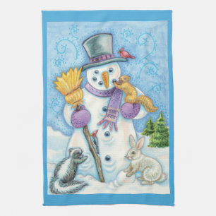 Süße Tiere bauen einen Schneemann für Weihnachten Geschirrtuch