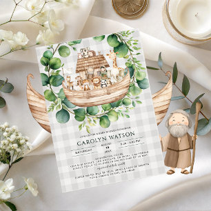 Süße Tiere Gingham Arche Noah Baby-Party Einladung