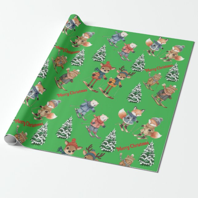Süße Tiere Skifahren Geschenkpapier (Ungerollt)