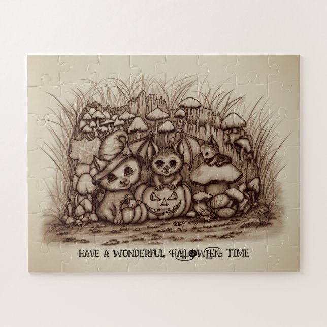 Süße Tiere warten auf Halloween Puzzle (Horizontal)