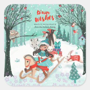 Süße Tiere Winterwunder Waldlandschaft Quadratischer Aufkleber