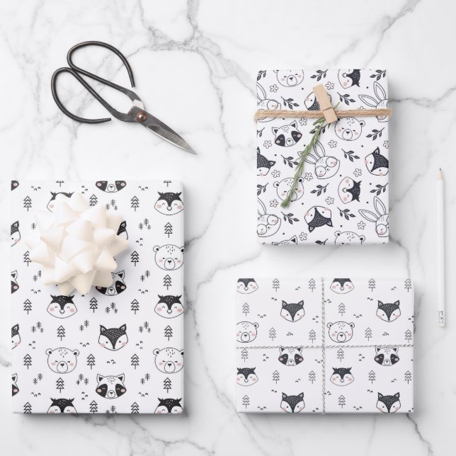 Süße Tierillustration Geschenkpapier Set (Vorderseite)