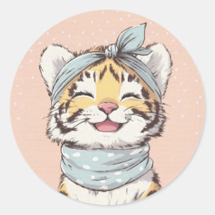 Süße Tiger-Geburtstagseinladung mit Bandana für Ki Runder Aufkleber