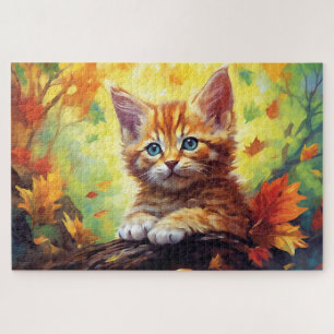 Süße Tigerkatze Orange Herbstblätter Aquarell Puzzle