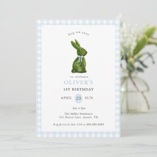 Süße Topiary-Hase blau Gingham Geburtstag Einladung