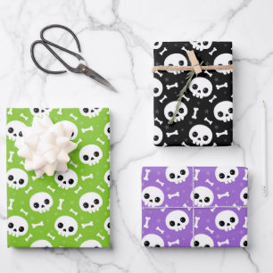 Süße Totenkopf- und Knochen-Halloween-Muster Geschenkpapier Set