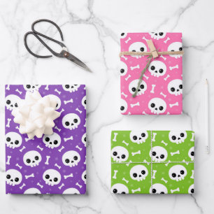 Süße Totenkopf- und Knochen-Halloween-Muster Geschenkpapier Set