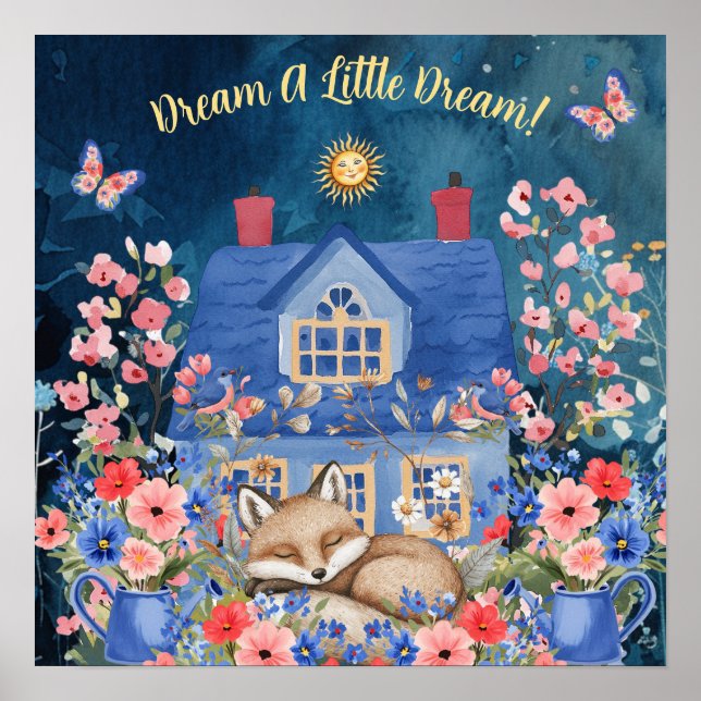 Süße Träume Floral Fuchs & Vögel Kinderzimmer  Poster (Vorne)