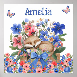 Süße Träume Florale Schlafende Füchsin & Name des Poster