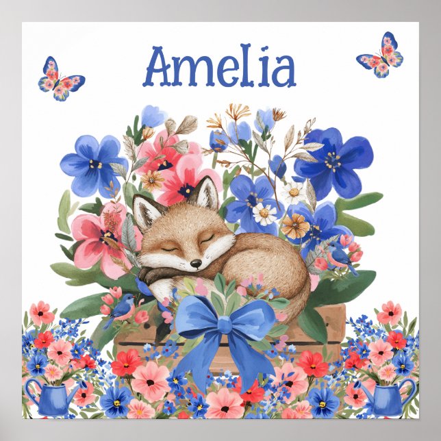 Süße Träume Florale Schlafende Füchsin & Name des  Poster (Vorne)