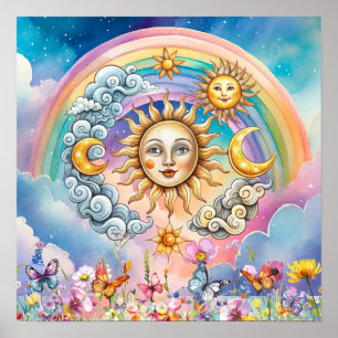 Süße Träume Florale Sonne, Sterne & Mond Poster