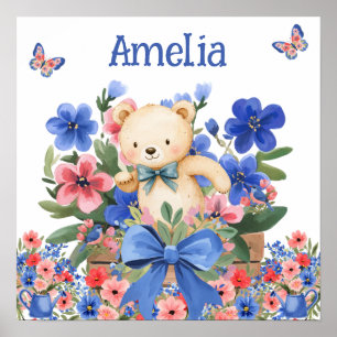 Süße Träume Floraler Teddybär & Name des Kindes Poster