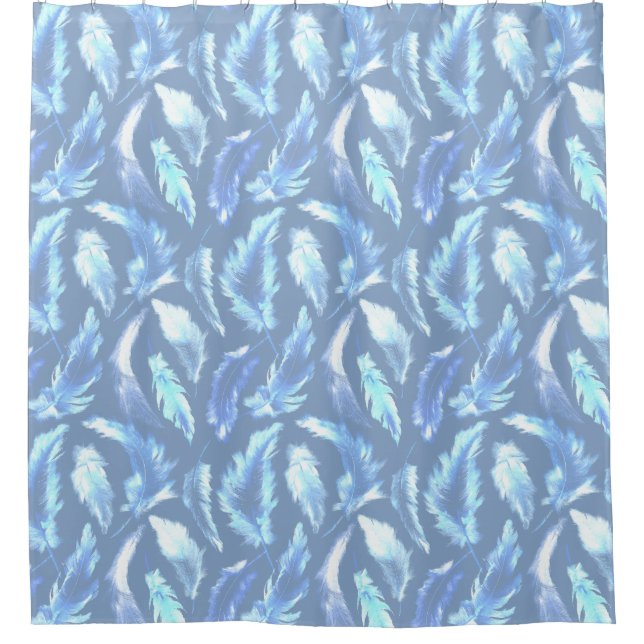 süße Träume - hellblaue Aquarellfedern: Duschvorhang (Vorderseite)