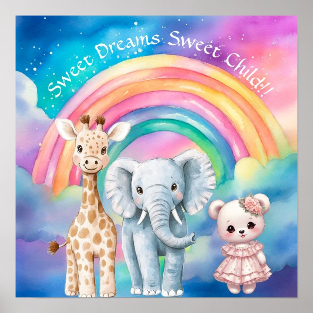 Süße Träume Regenbogen-Elefant & -Giraffe-Nursery  Poster (Vorne)