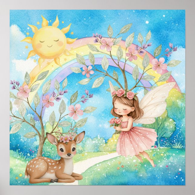 Süße Träume Regenbogen-Fee & Hirsch-Kinderzimmer  Poster (Vorne)