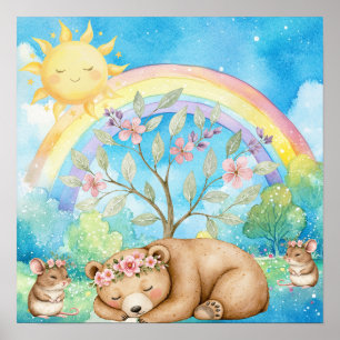 Süße Träume Regenbogen Schlafender Bär & Mäuse Kin Poster