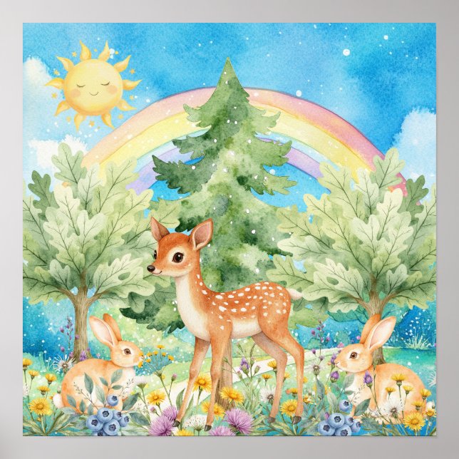 Süße Träume Regenbogenhirsch & Hasen Kinderzimmer  Poster (Vorne)