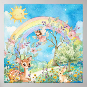 Süße Träume Regenbogenhirsch & Kaninchen-Kinderzim Poster