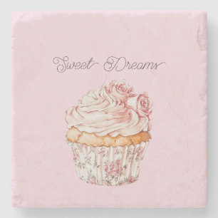 Süße Träume rosa Rosen Blumen Cupcake Steinuntersetzer