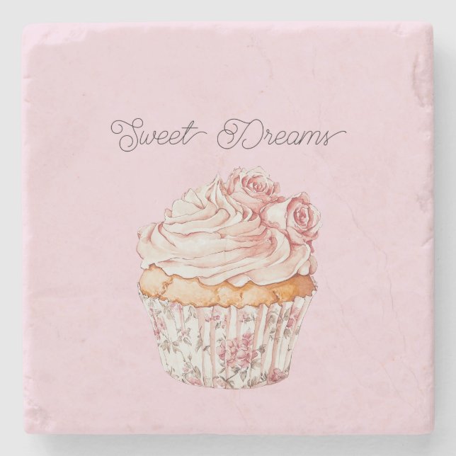 Süße Träume rosa Rosen Blumen Cupcake Steinuntersetzer (Vorderseite)