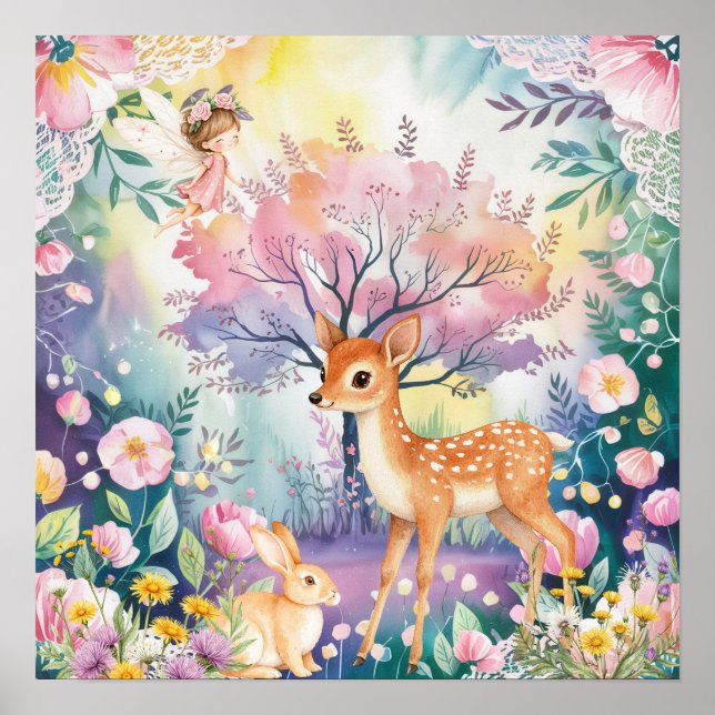 Süße Träume Waldhirsche & Hasen Kinderzimmer  Poster (Vorne)