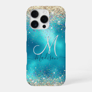Süße türkisfarbene goldene falsche Glitter-Monogra iPhone 16 Pro Hülle